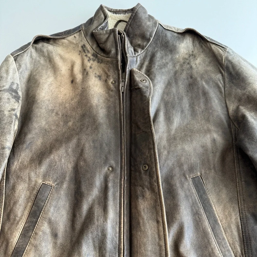 Maquette VTG Distressed Brown Leather‎ Sherpa Fleece Lined Bomber Jacket sz 44